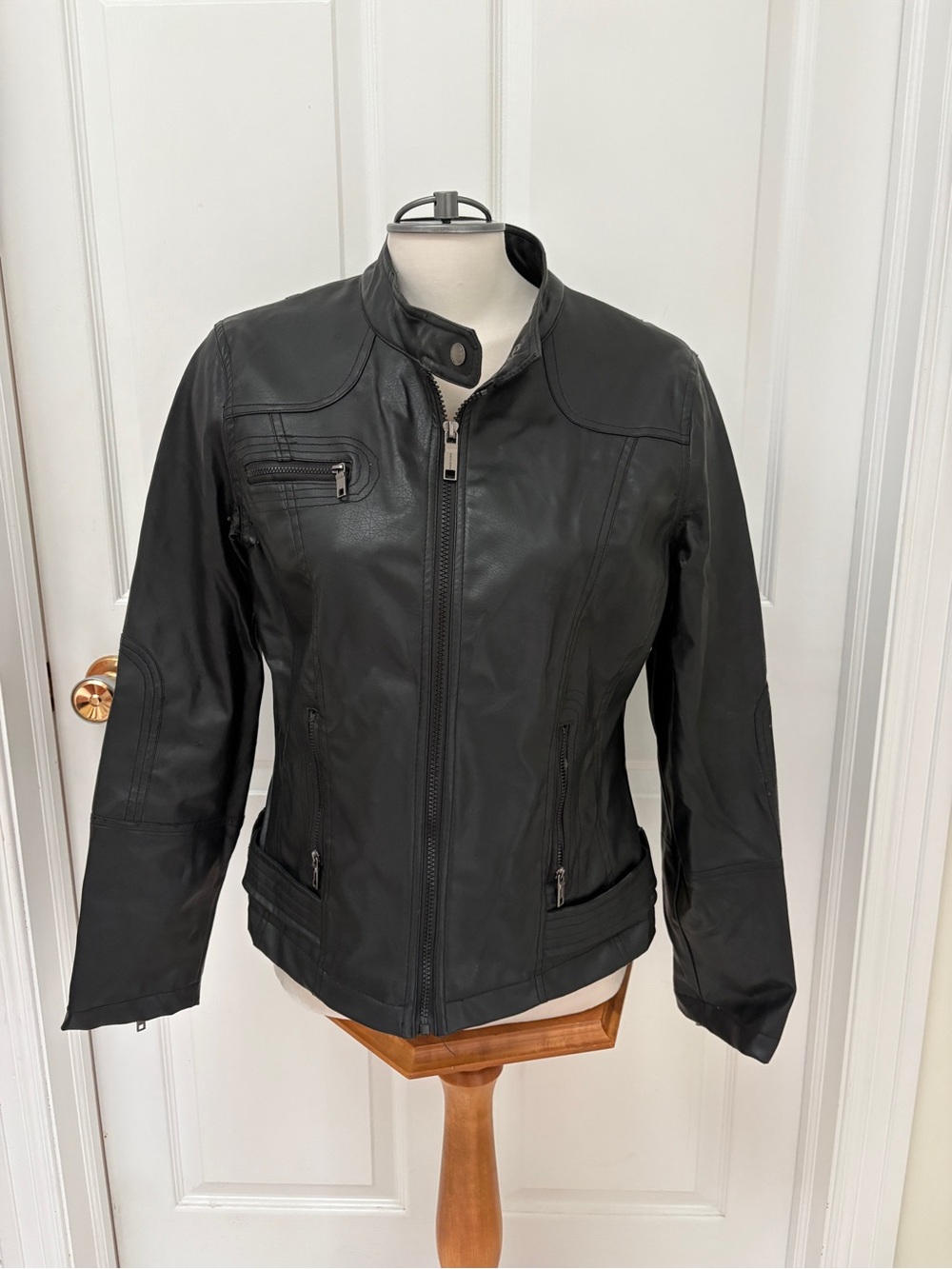 Moto Gear Women’s Black Faux Leather Bomber Jacket with Zip Front